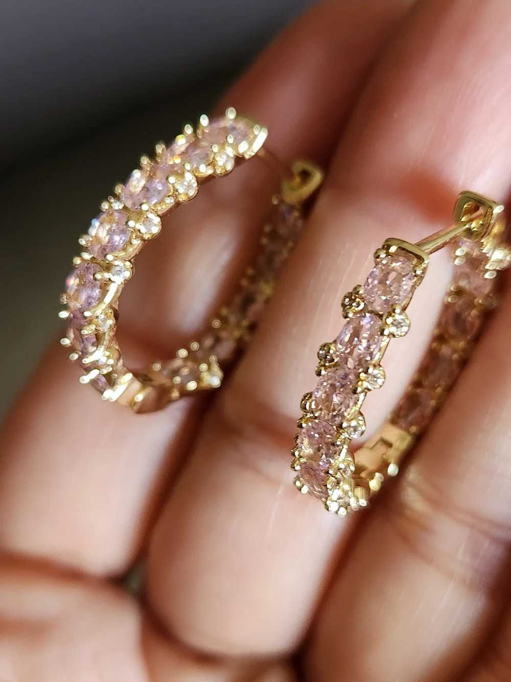 New 18K Gold Plated Double-sided Pink Sapphire Hoop Earrings for Women